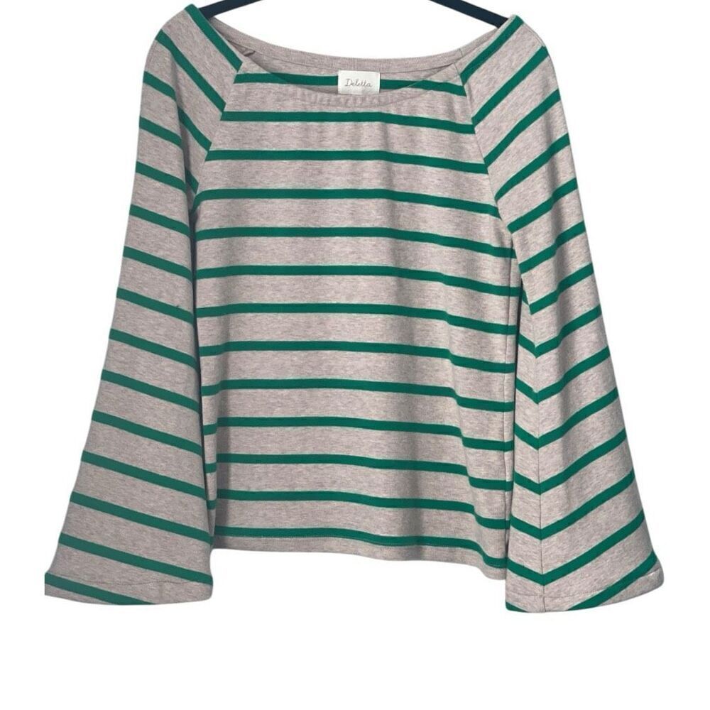Anthropologie Deletta Striped Top Size Medium Bell Sleeve Oatmeal and Green